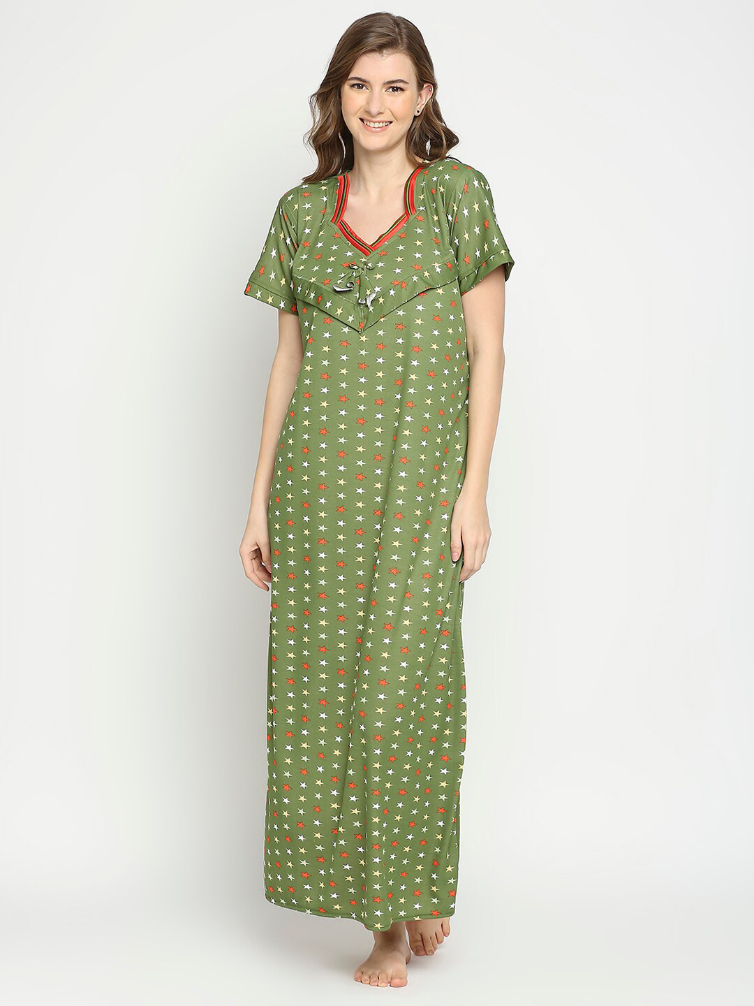 

Pretty Awesome Women Green Printed Maternity Maxi Nightdress