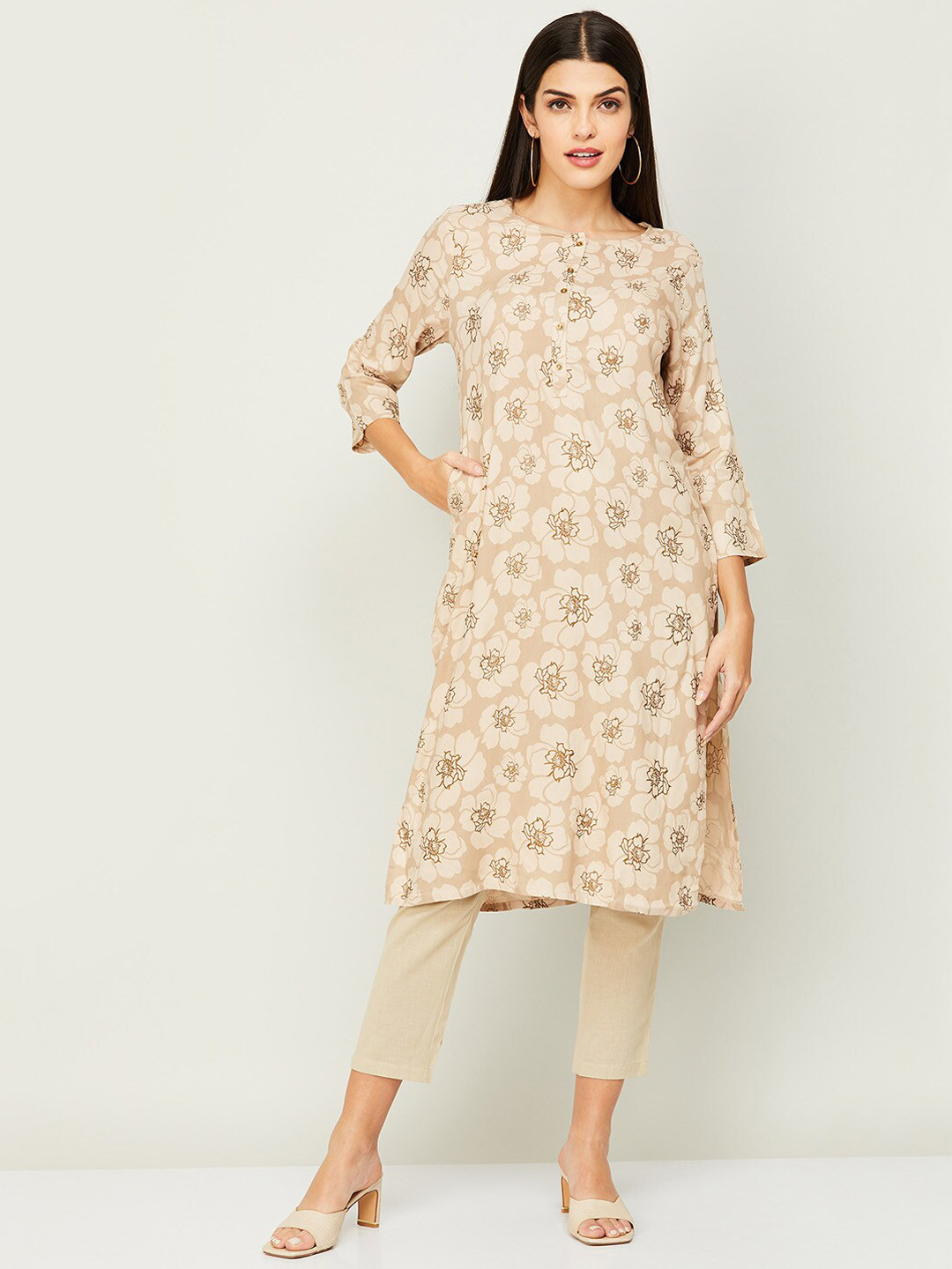 

Melange by Lifestyle Floral Printed Straight Regular Kurta, Beige
