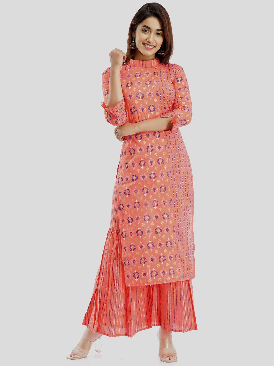 

PARCHHAI Women Peach-Coloured Ethnic Motifs Printed Pure Cotton Kurta with Sharara