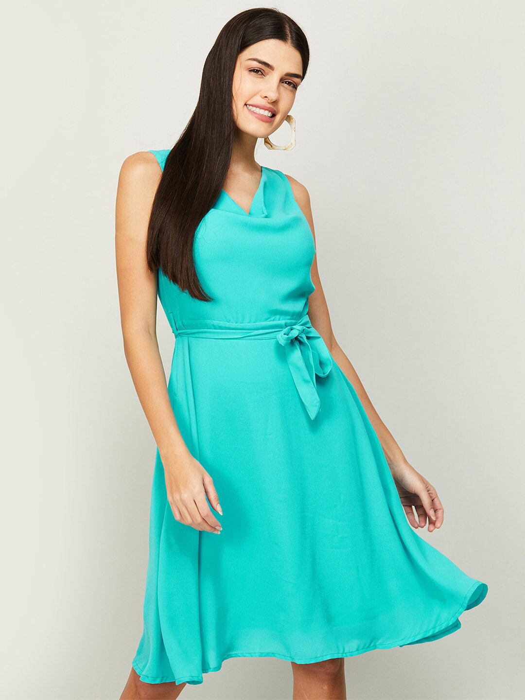 

CODE by Lifestyle Women Turquoise Blue Cowl Neck Fit and Flare Cotton Dress