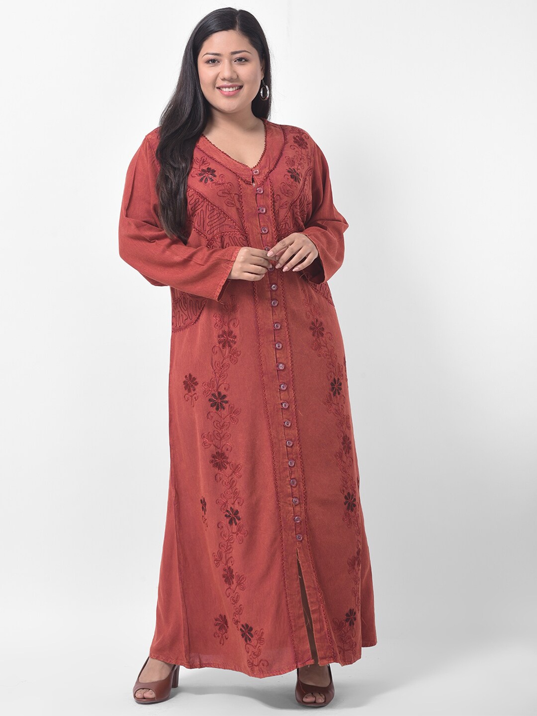 

VELDRESS Rust Ethnic Motifs Embroidered Maxi Dress