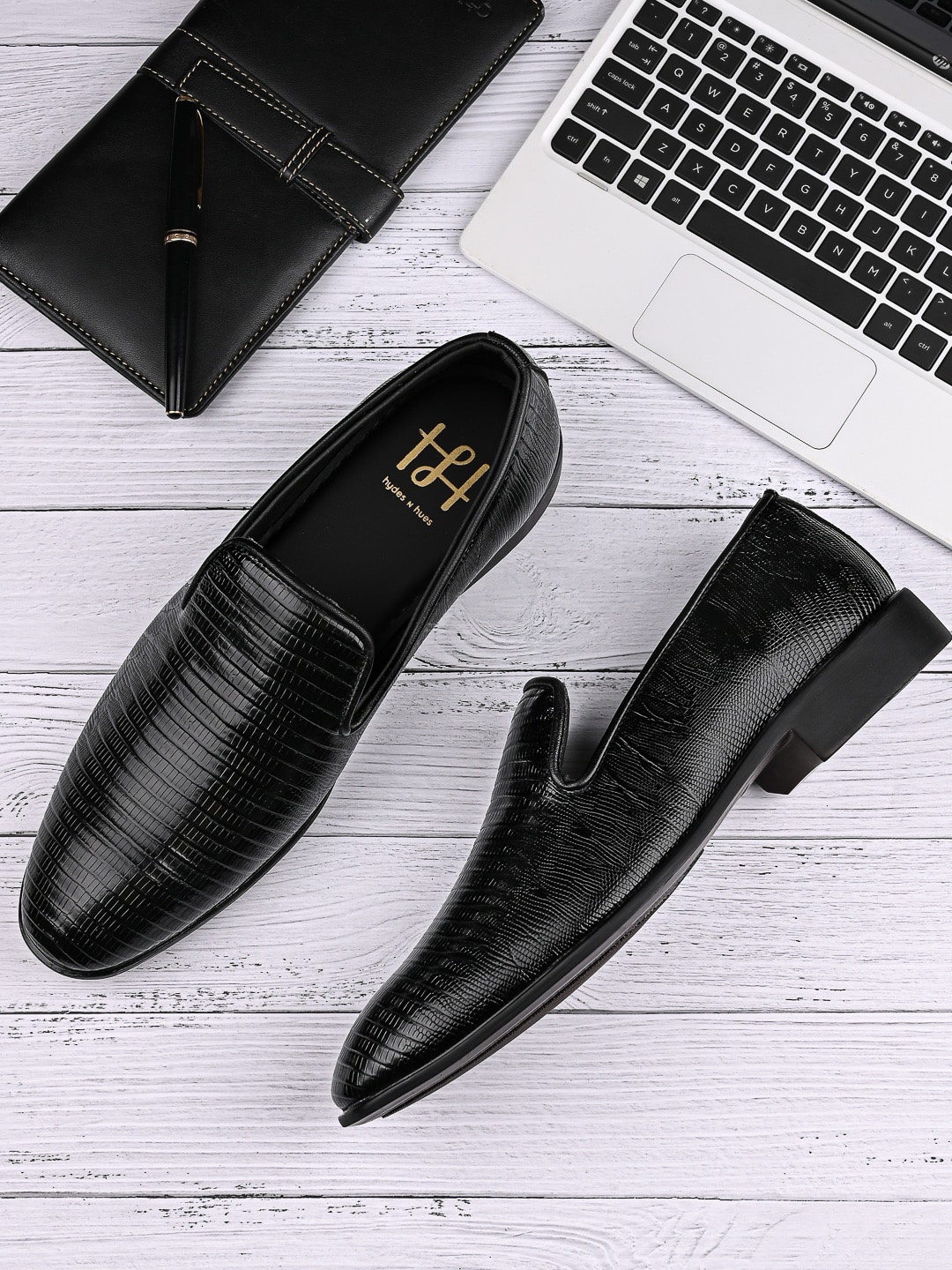 

Hydes N Hues Men Black Solid Leather Formal Slip-Ons