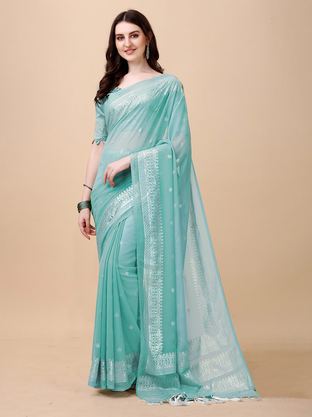 

Anjaneya Sarees Blue Ethnic Motifs Silk Blend Banarasi Saree