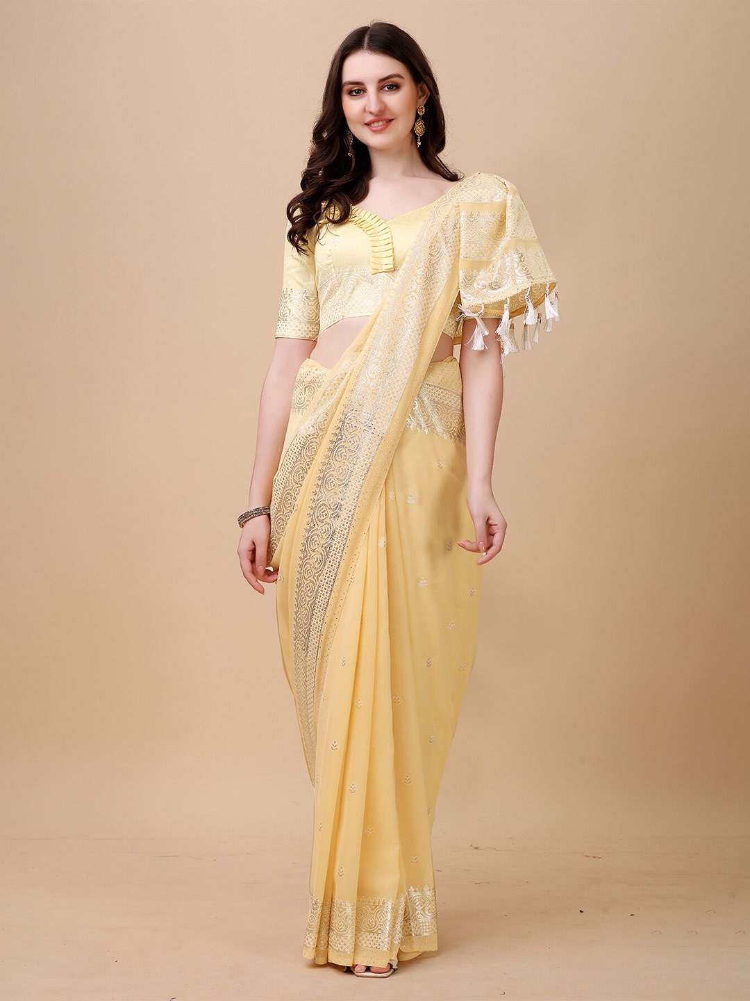 

Anjaneya Sarees Yellow Ethnic Motifs Silk Blend Banarasi Saree