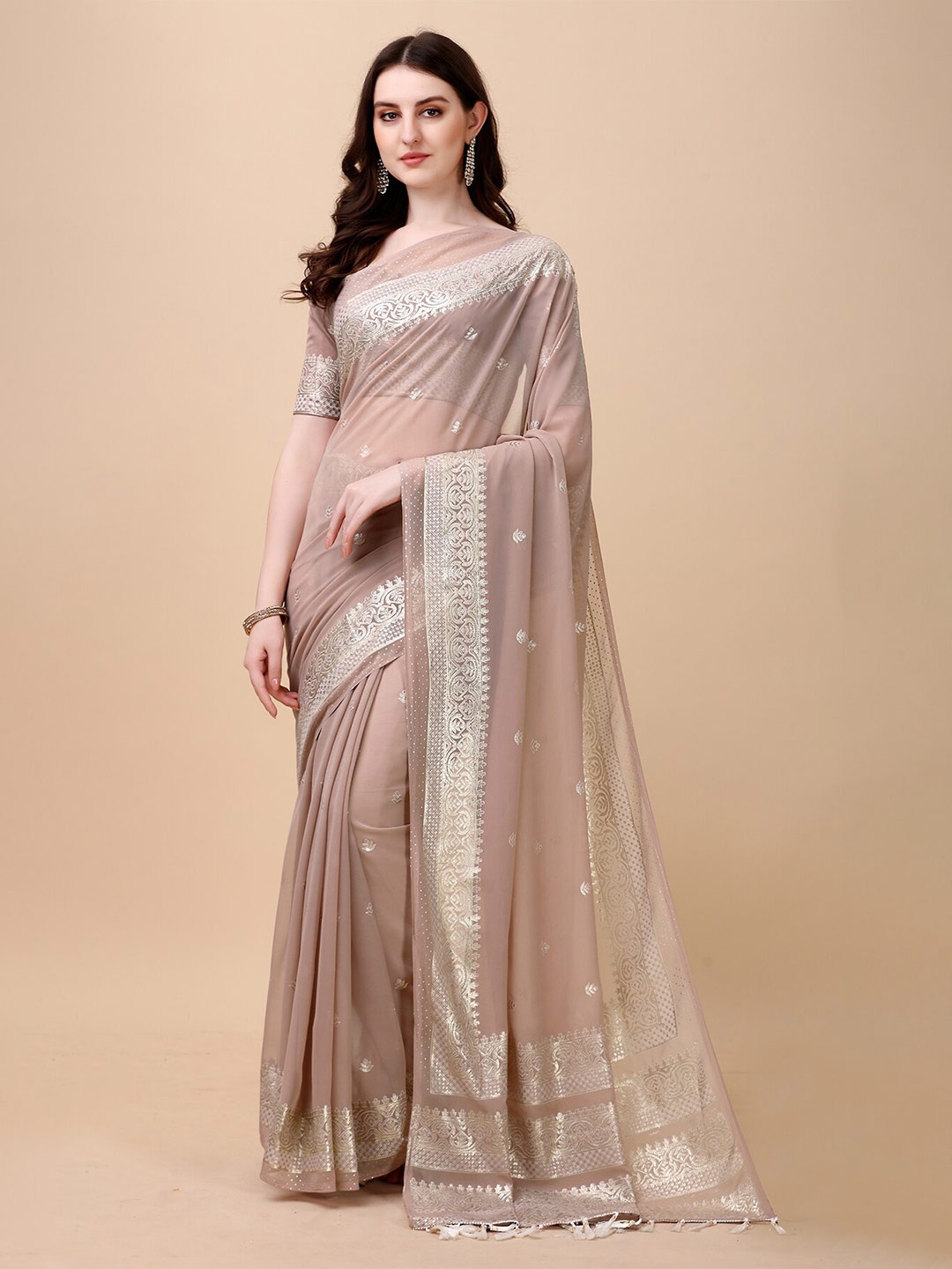 

Anjaneya Sarees Mauve & Silver-Toned Ethnic Motifs Silk Blend Banarasi Saree