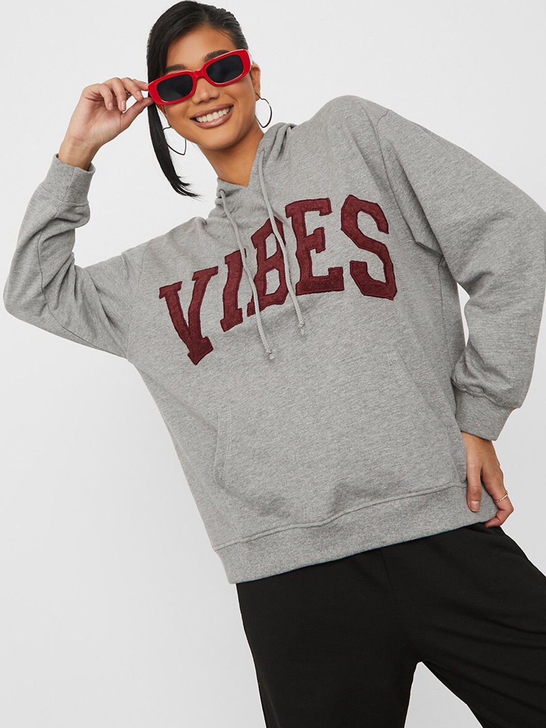 

Styli Women Grey Printed Hooded Cotton Sweatshirt