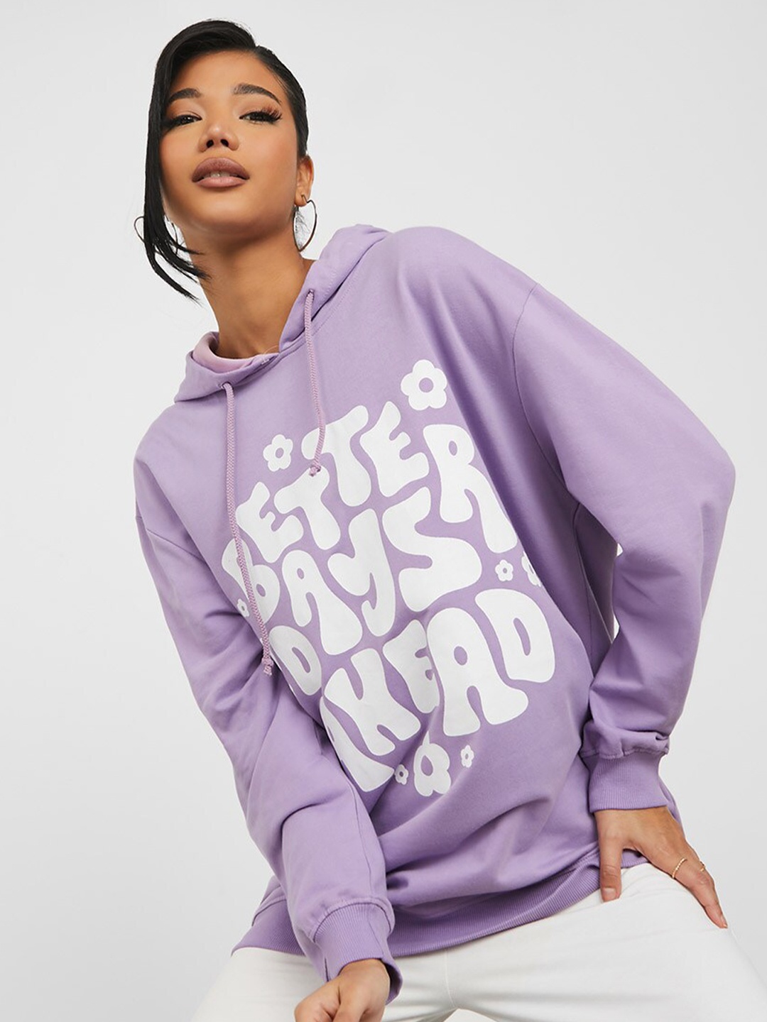 

Styli Women Purple Printed Hooded Cotton Sweatshirt