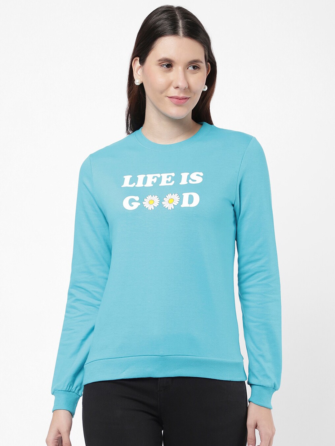 

R&B Women Blue Printed Cotton Sweatshirt