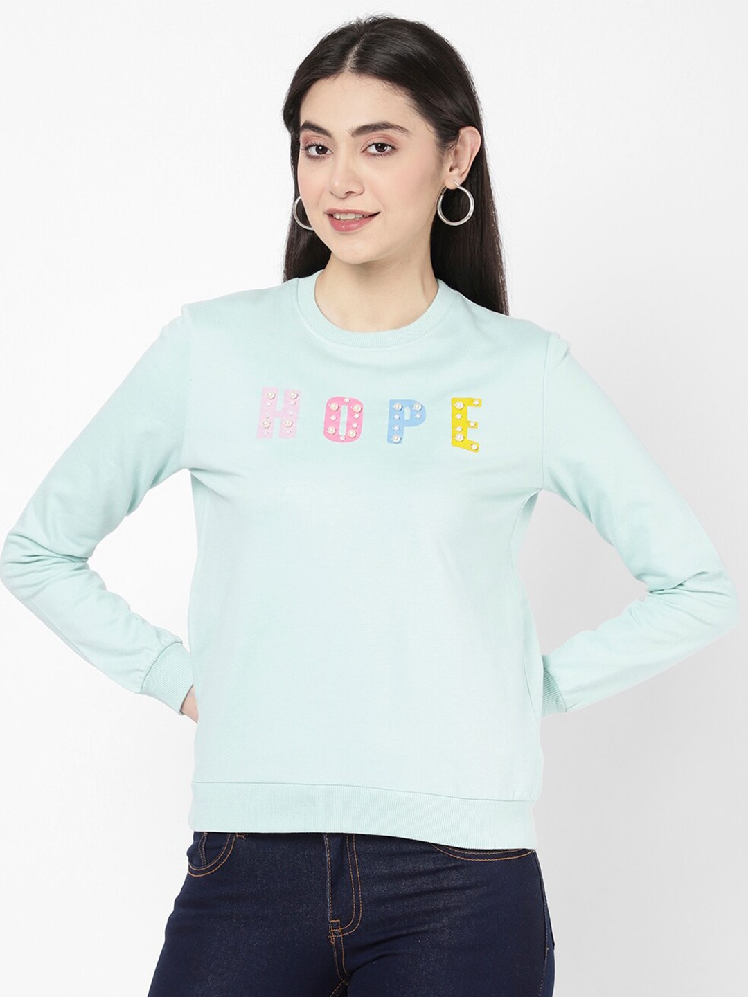 

R&B Women Green Printed Cotton Sweatshirt