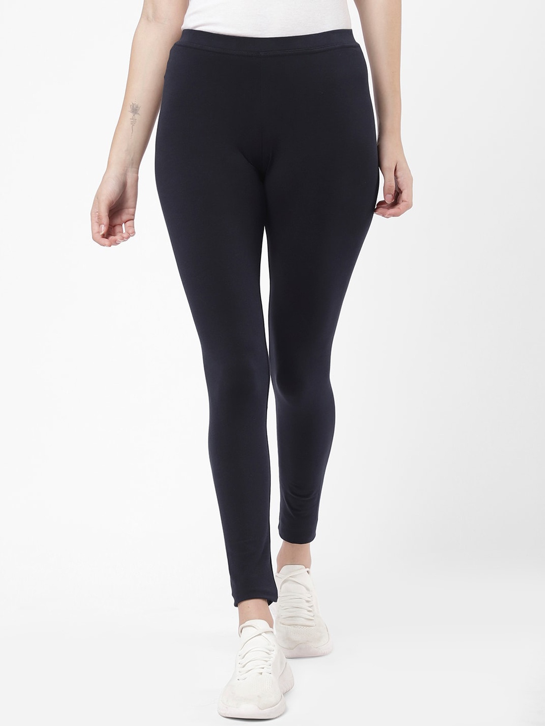 

R&B Women Navy Blue Solid Ankle-Length Leggings