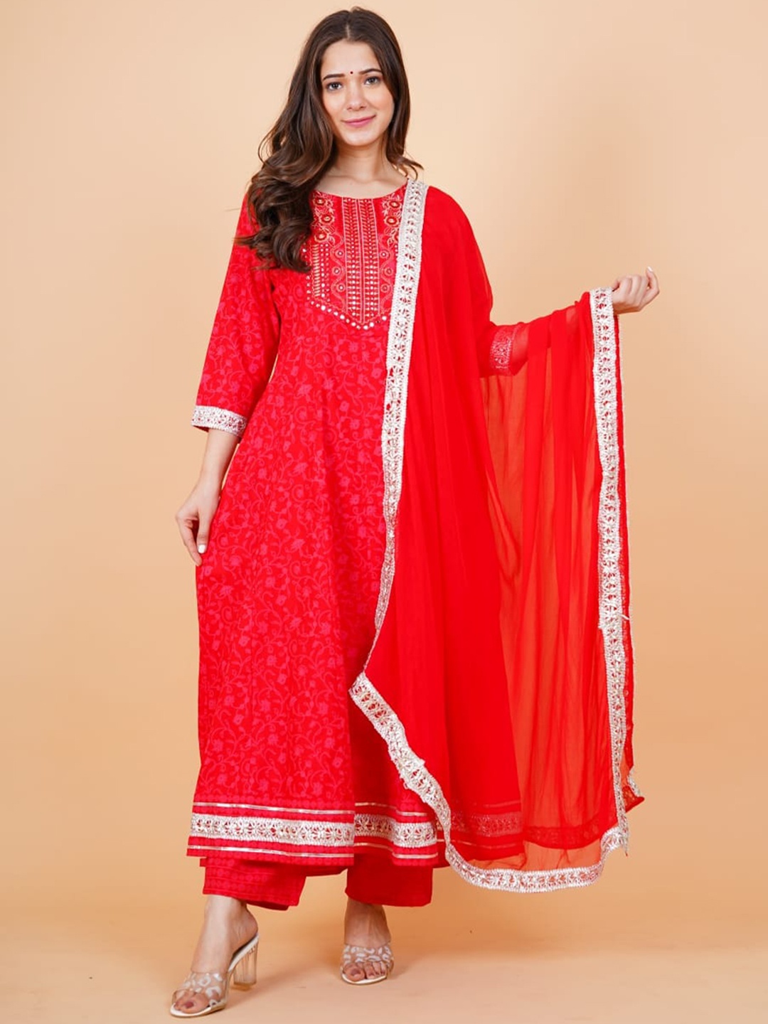 

SINGNI Women Red Ethnic Motifs Embroidered Kurta with Trousers & Dupatta