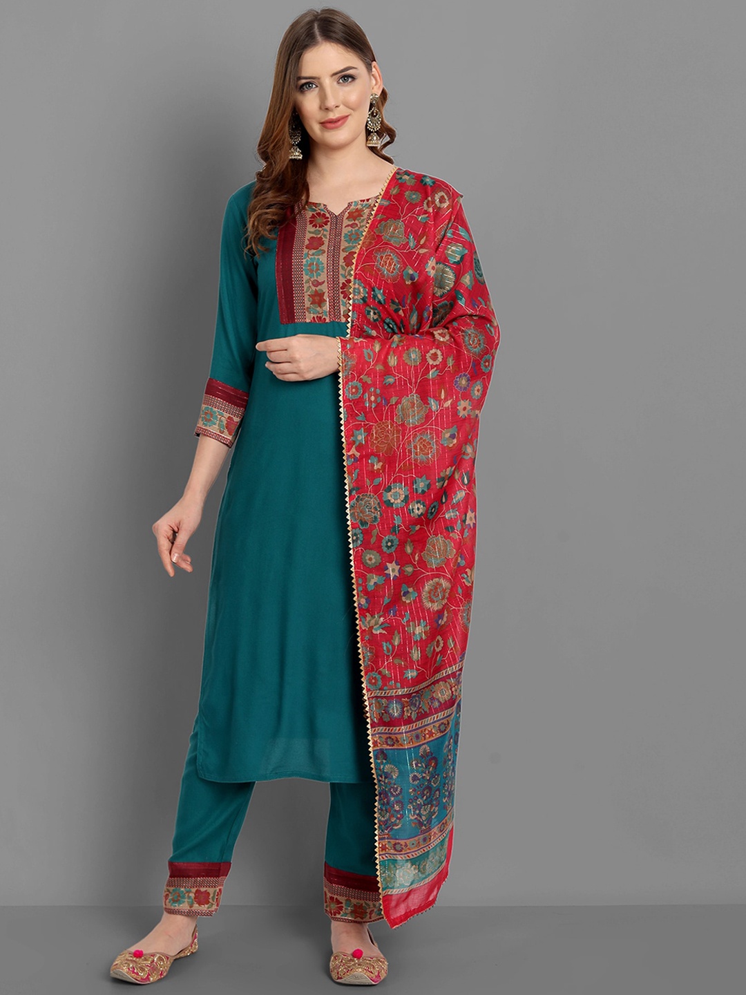 

SINGNI Women Turquoise Blue Ethnic Motifs Kurta with Trousers & With Dupatta