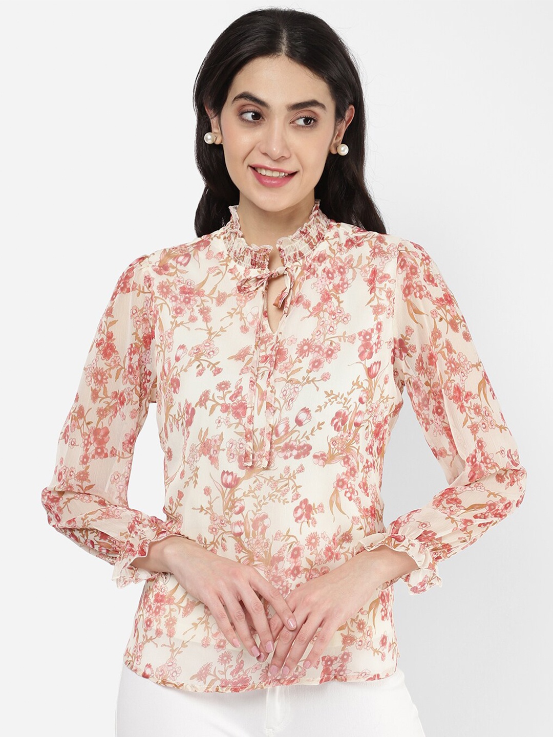 

R&B Pink Floral Print Tie-Up Neck Top