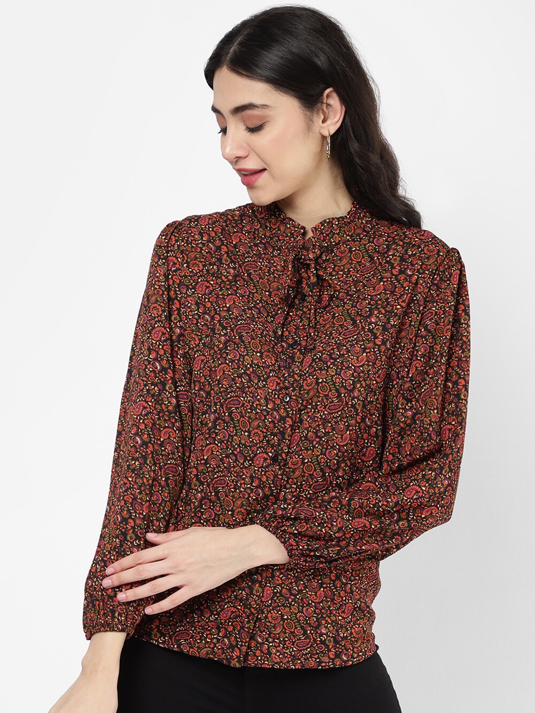 

R&B Black Print Mandarin Collar Shirt Style Top