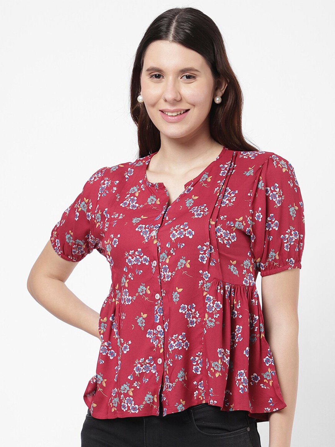 

R&B Women Burgundy & White Floral Printed Top