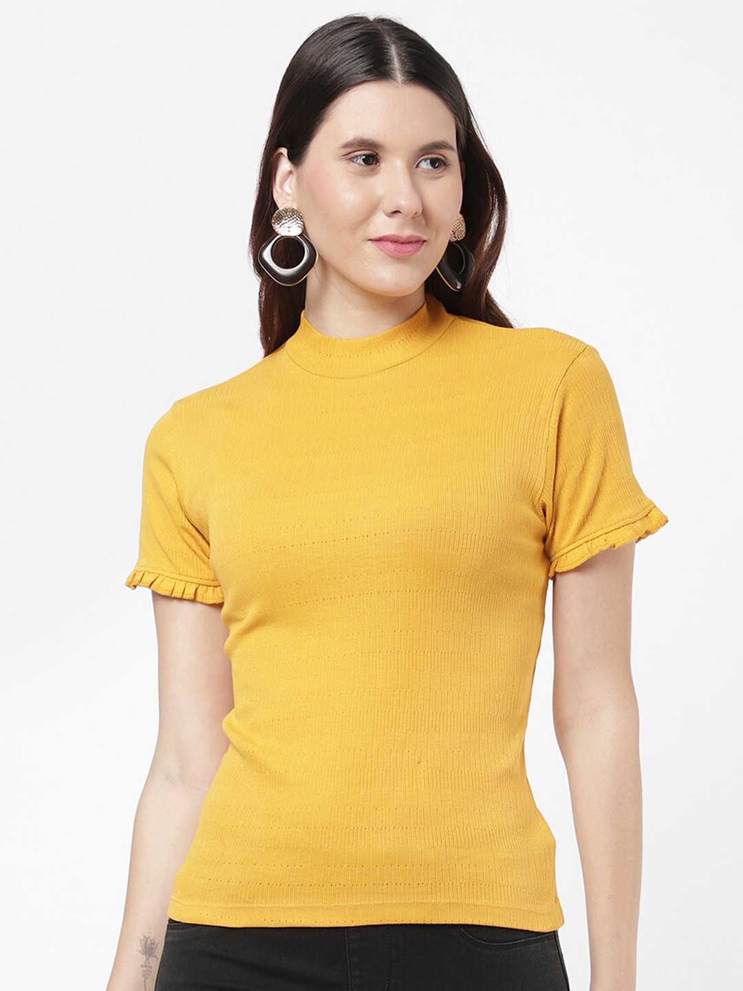 

R&B Women Yellow Solid Pure Cotton High Neck Top