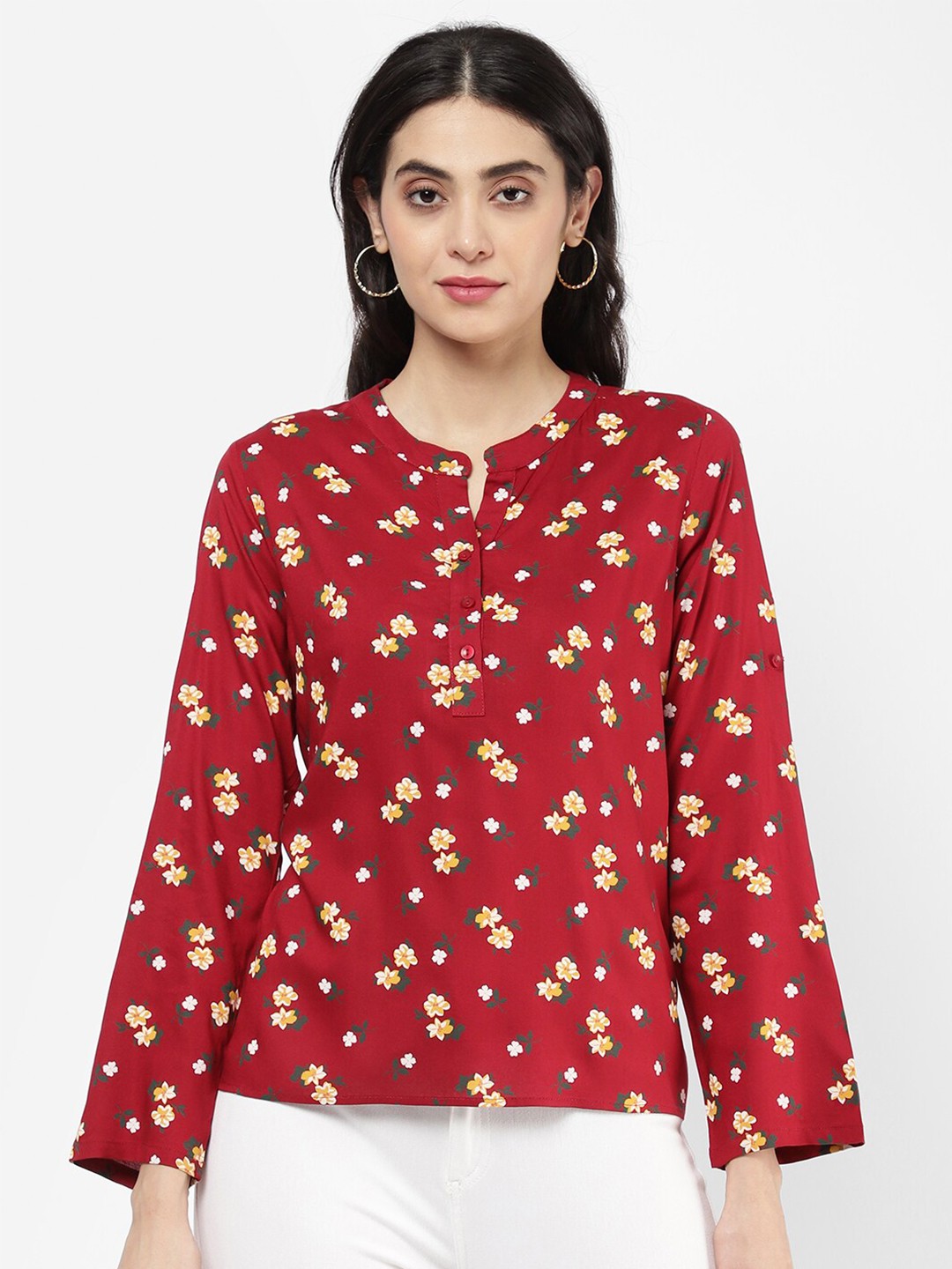 

R&B Red & Yellow Floral Print Mandarin Collar Top