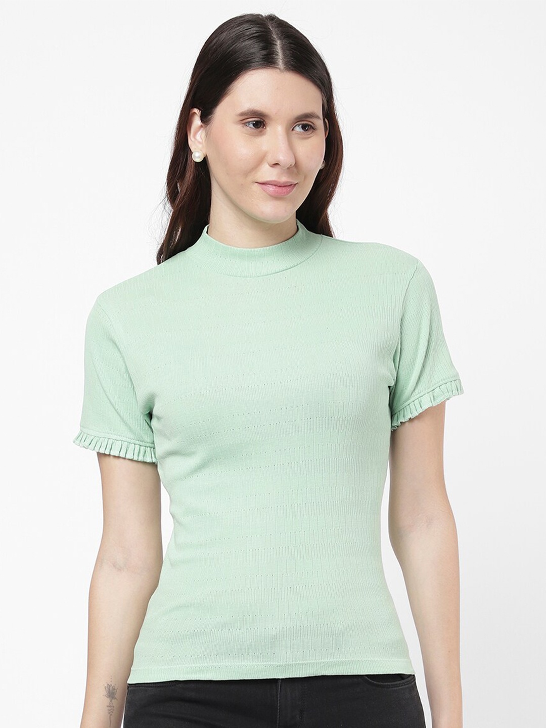 

R&B Women Green Solid Pure Cotton High Neck Top