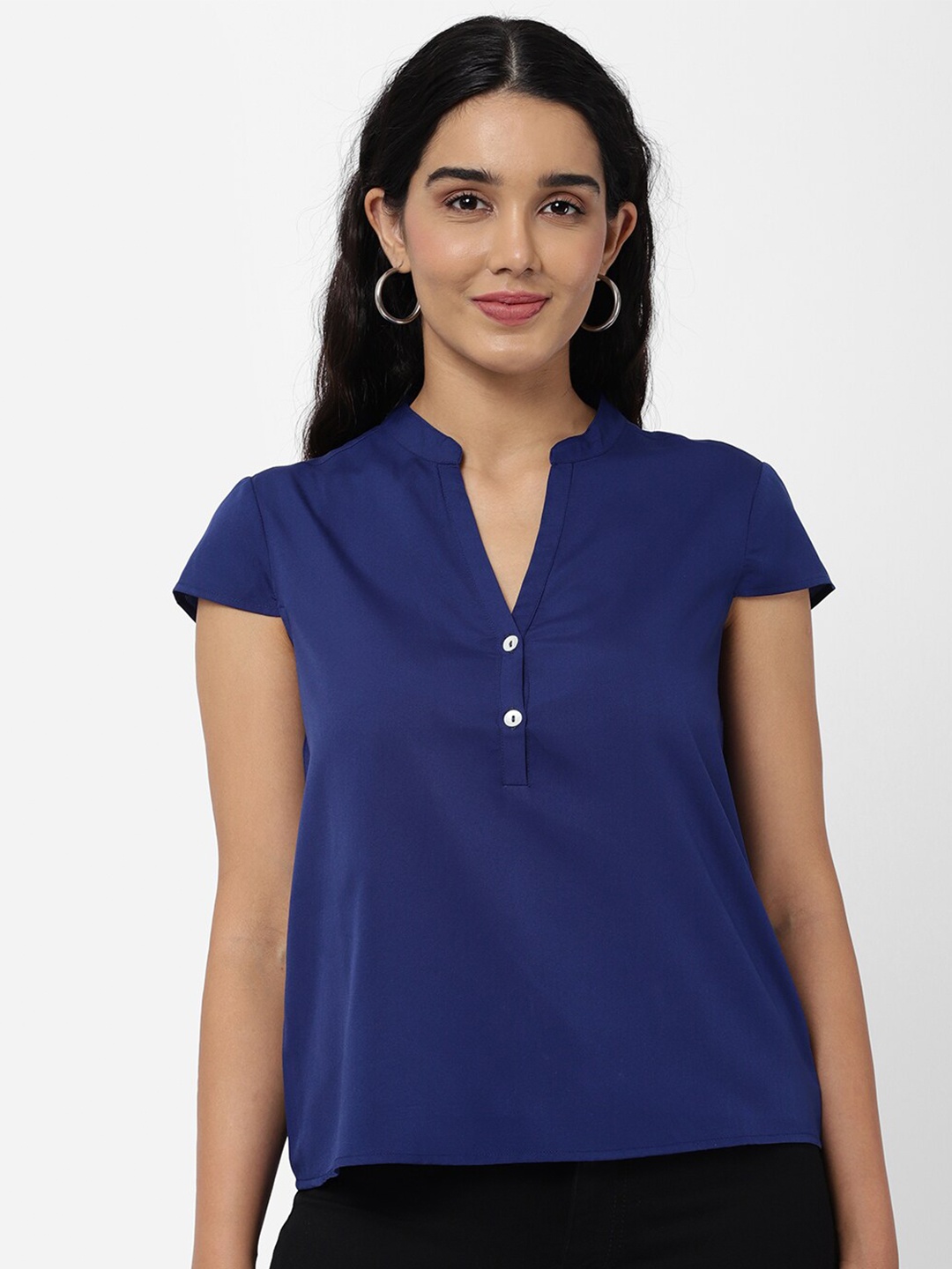 

R&B Blue Solid Mandarin Collar Top