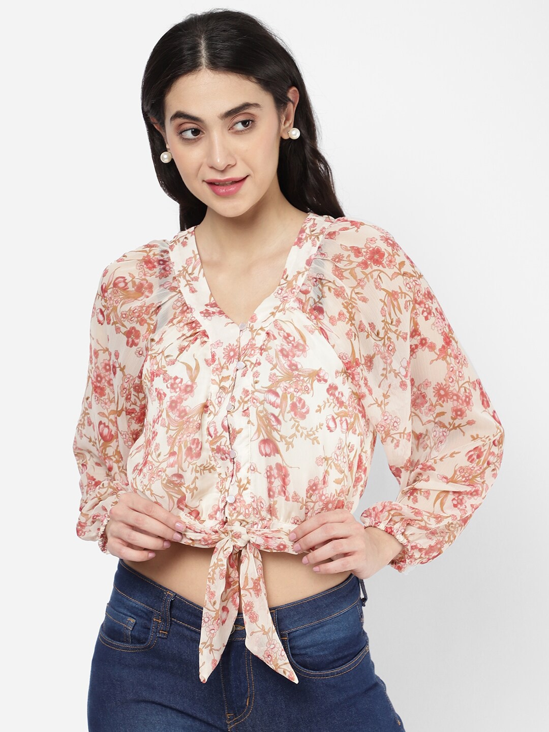 

R&B Pink & White Floral Print Tie-Up Neck Blouson Top