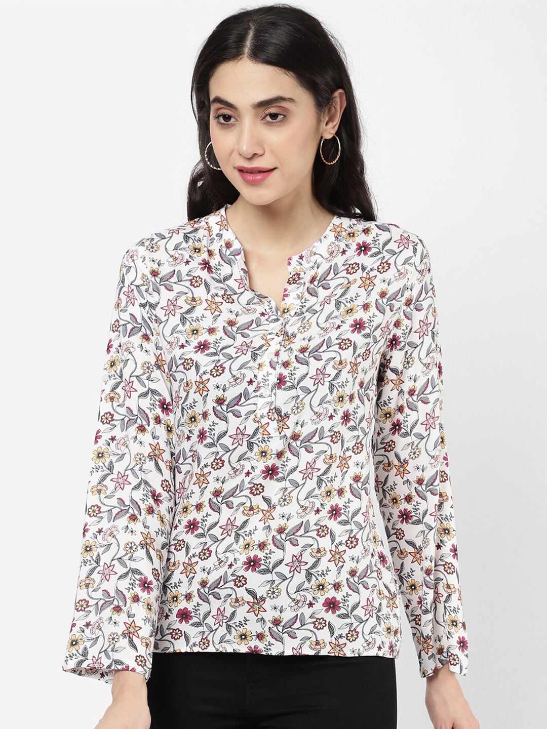 

R&B White & Red Floral Print Mandarin Collar Top