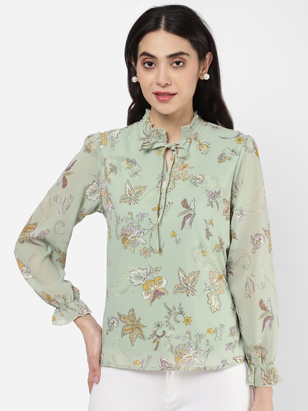 

R&B Green & Burgundy Floral Print Keyhole Neck Top