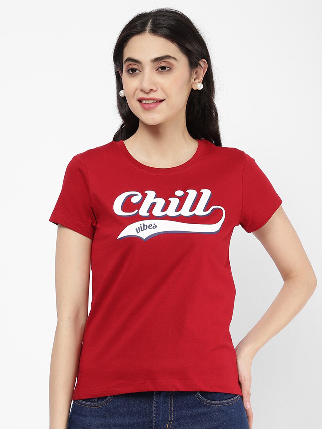 

R&B Women Red Typography Printed T-shirt