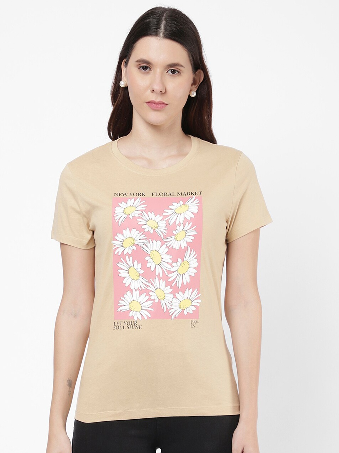

R&B Women Beige Floral Printed T-shirt