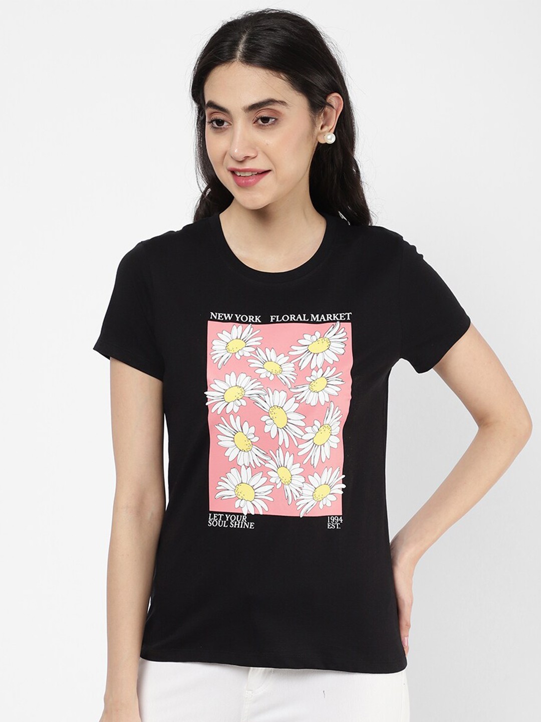 

R&B Women Black Floral Printed T-shirt