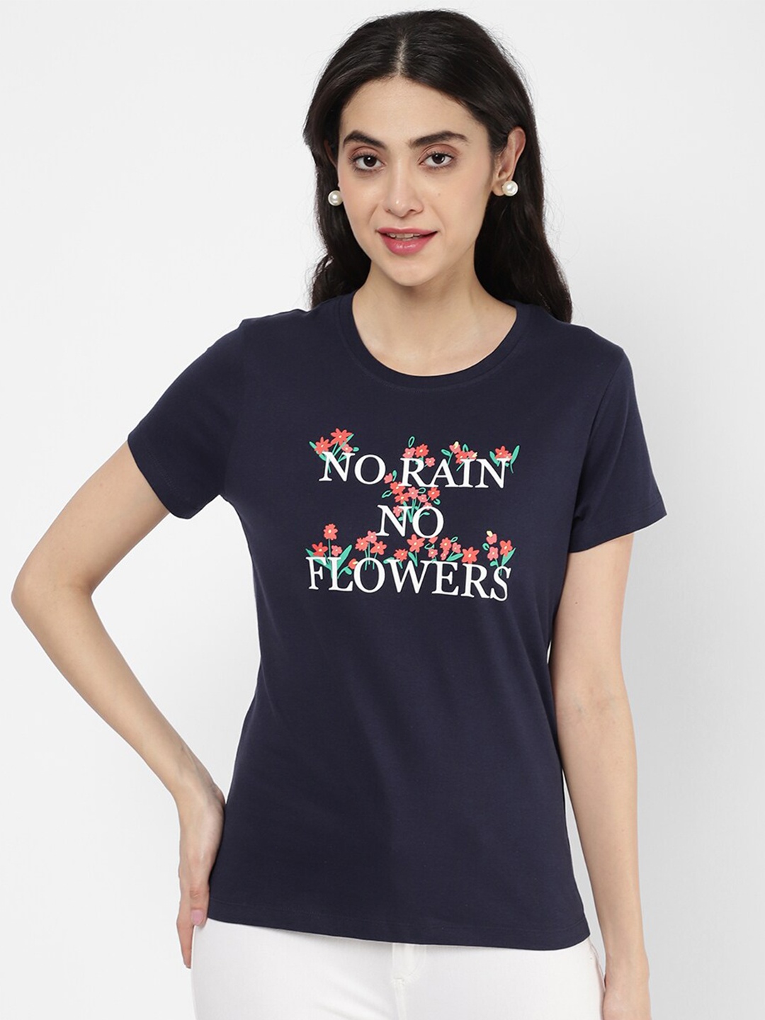 R&B Women Blue Typography Printed T-shirt