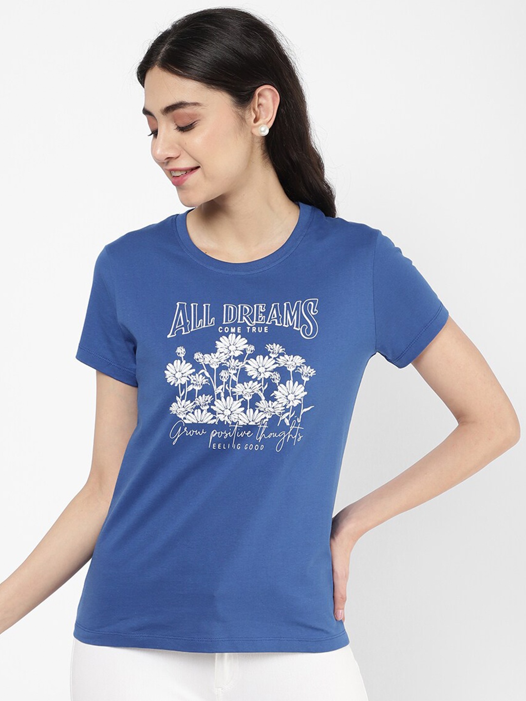 

R&B Women Blue Floral Printed T-shirt