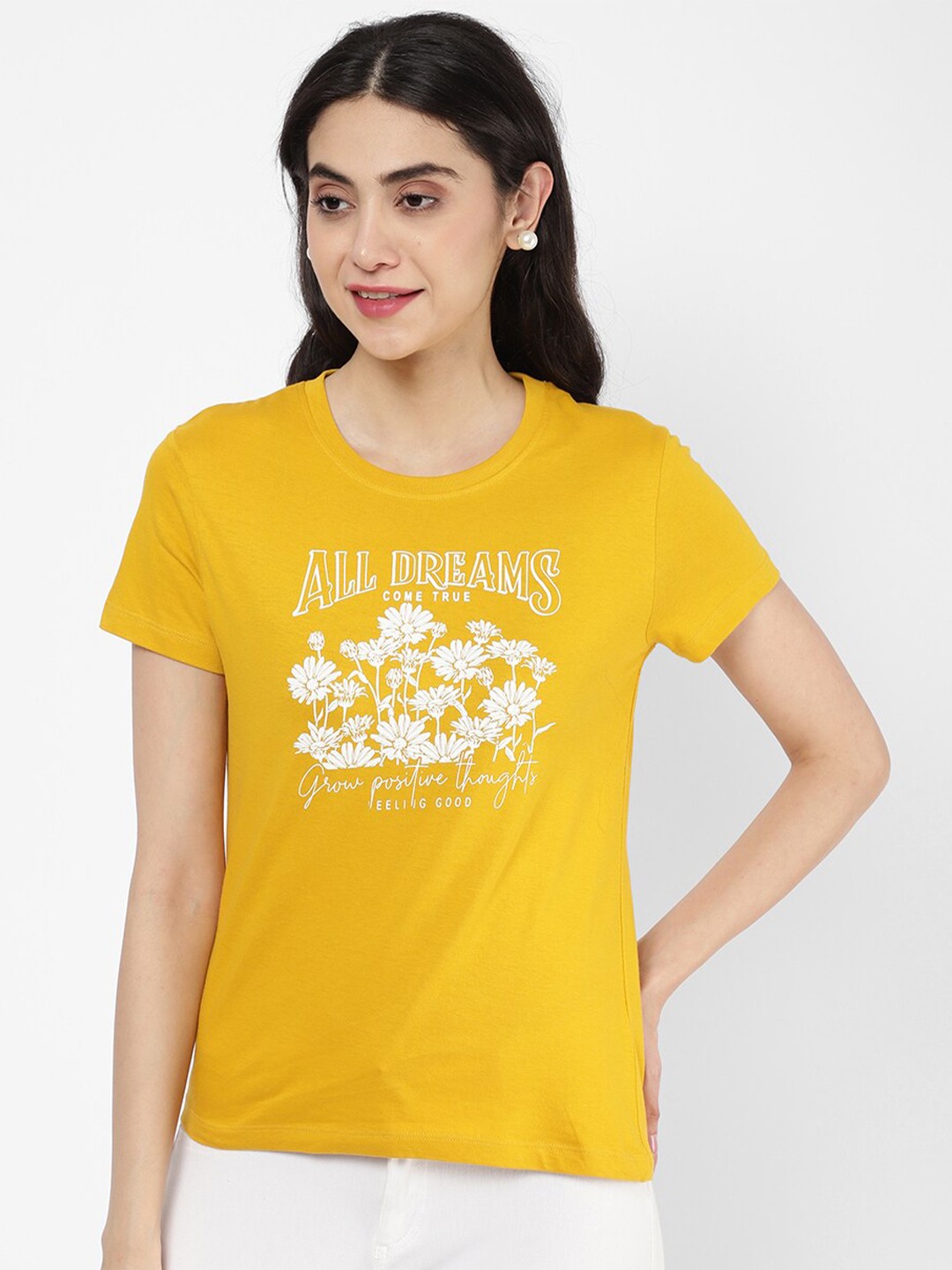

R&B Women Yellow Floral Printed T-shirt