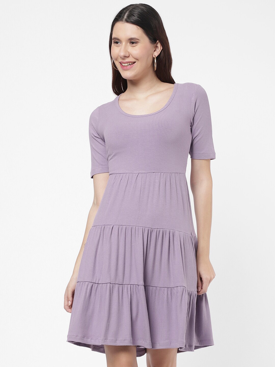 

R&B Purple Solid Fit and Flare Cotton Dress