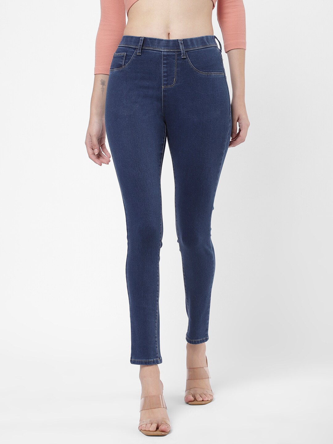 

R&B Women Blue Woven Solid Cotton Jeggings