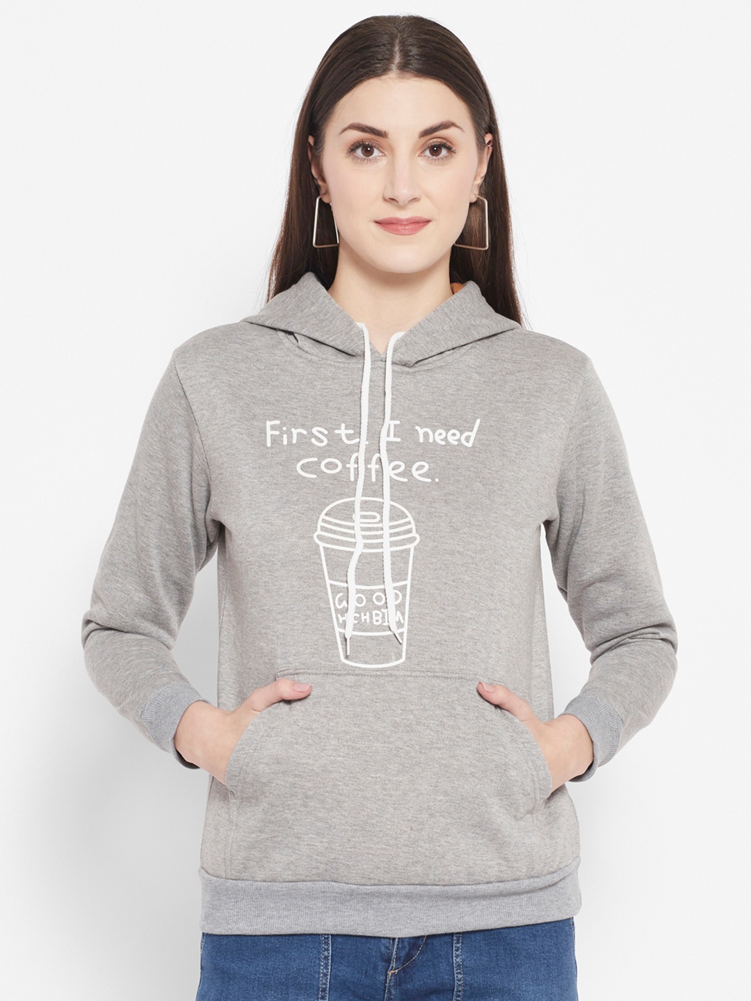 

Popster Women Grey Printed Hooded Sweatshirt