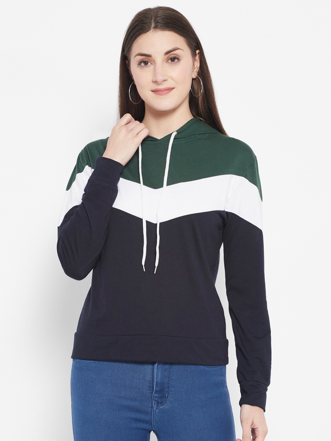 

Popster Women Green Colourblocked Hooded Sweatshirt