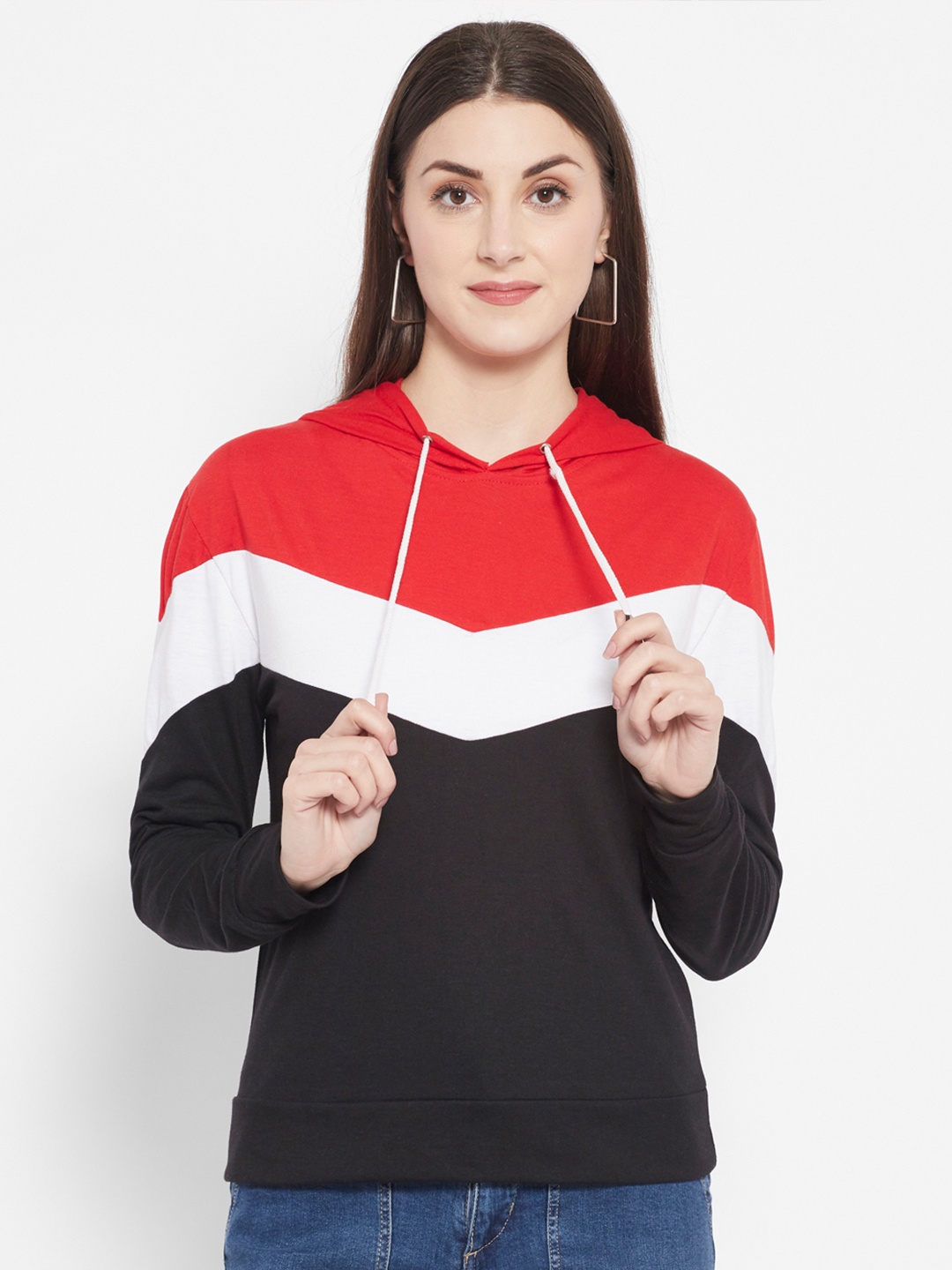 

Popster Women Red Colourblocked Hooded Sweatshirt