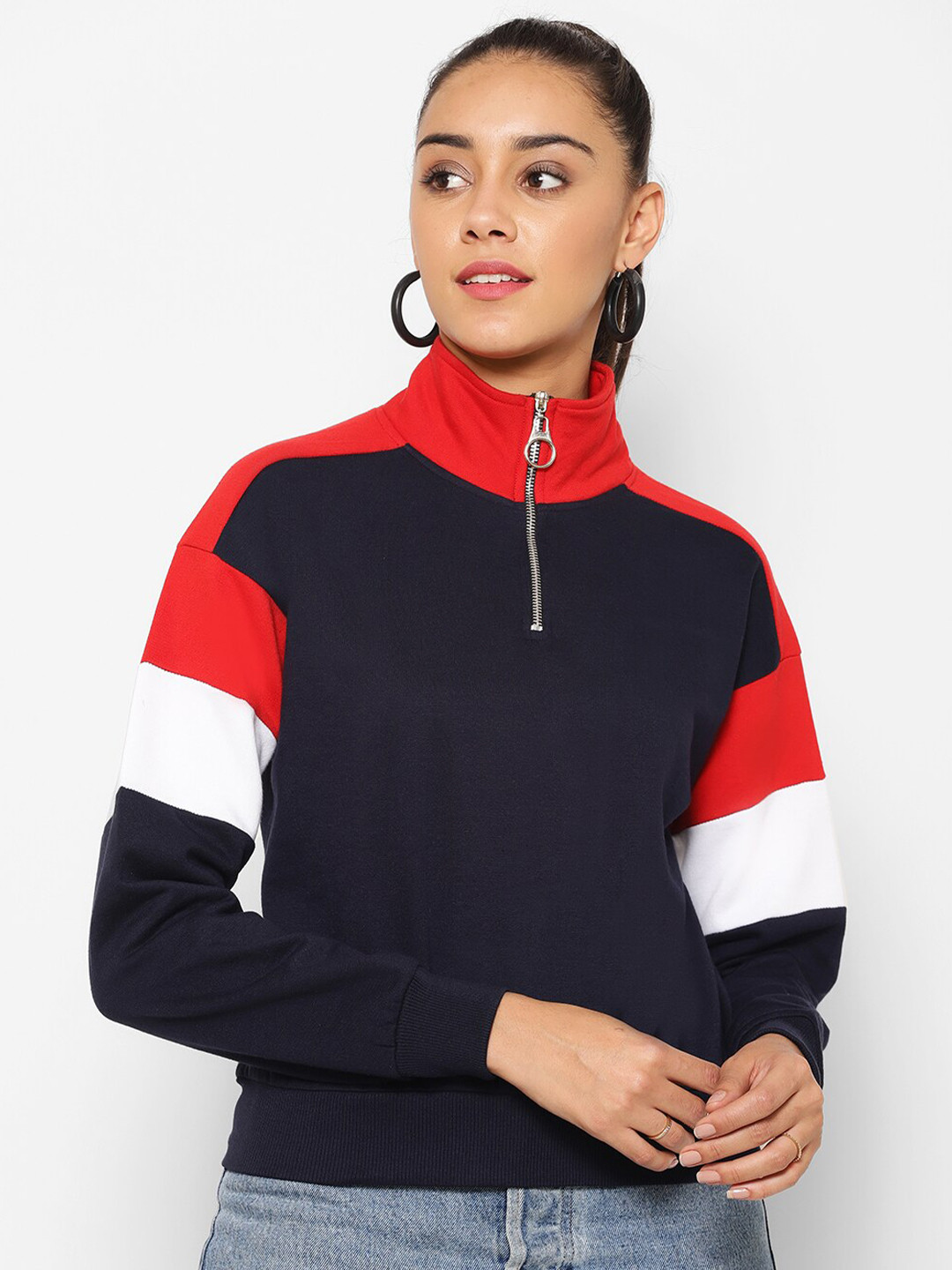 

Popster Women Blue Colourblocked Sweatshirt, Navy blue