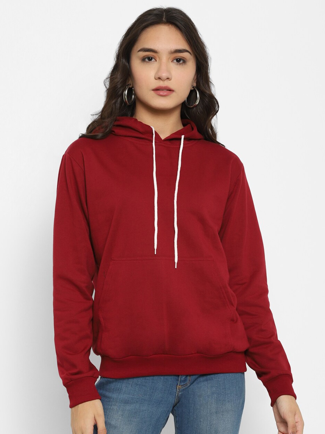 

Popster Women Maroon Solid Hooded Sweatshirt