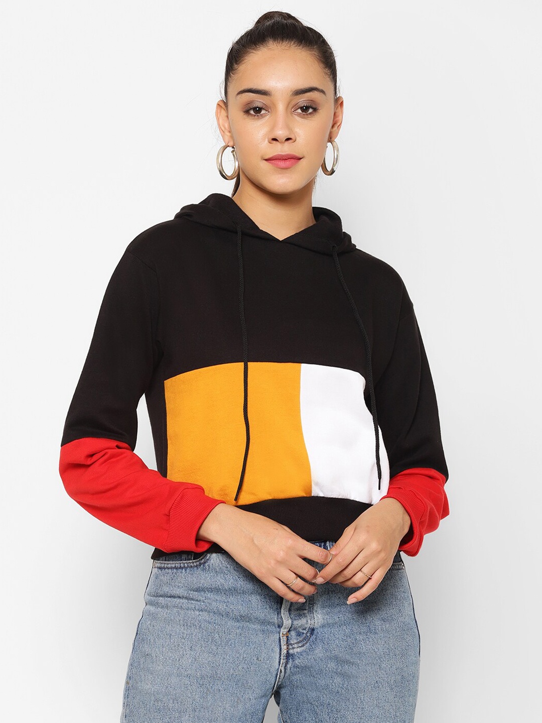 

Popster Women Black Colourblocked Hooded Sweatshirt
