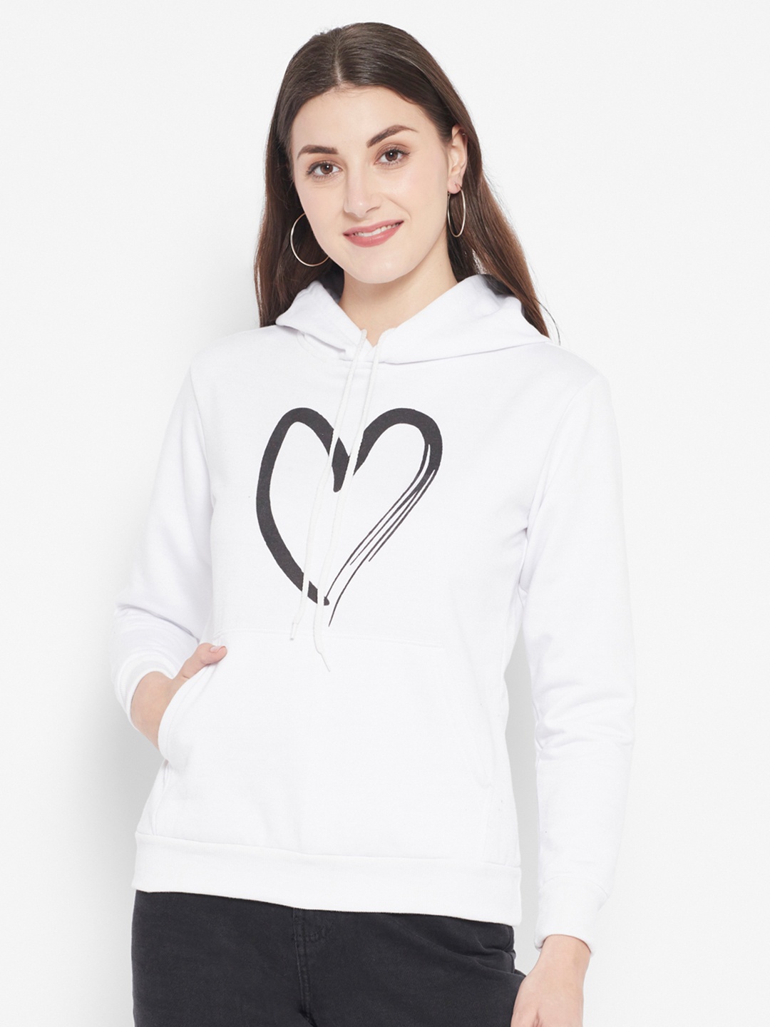 

Popster Women White Printed Hooded Fleece Sweatshirt