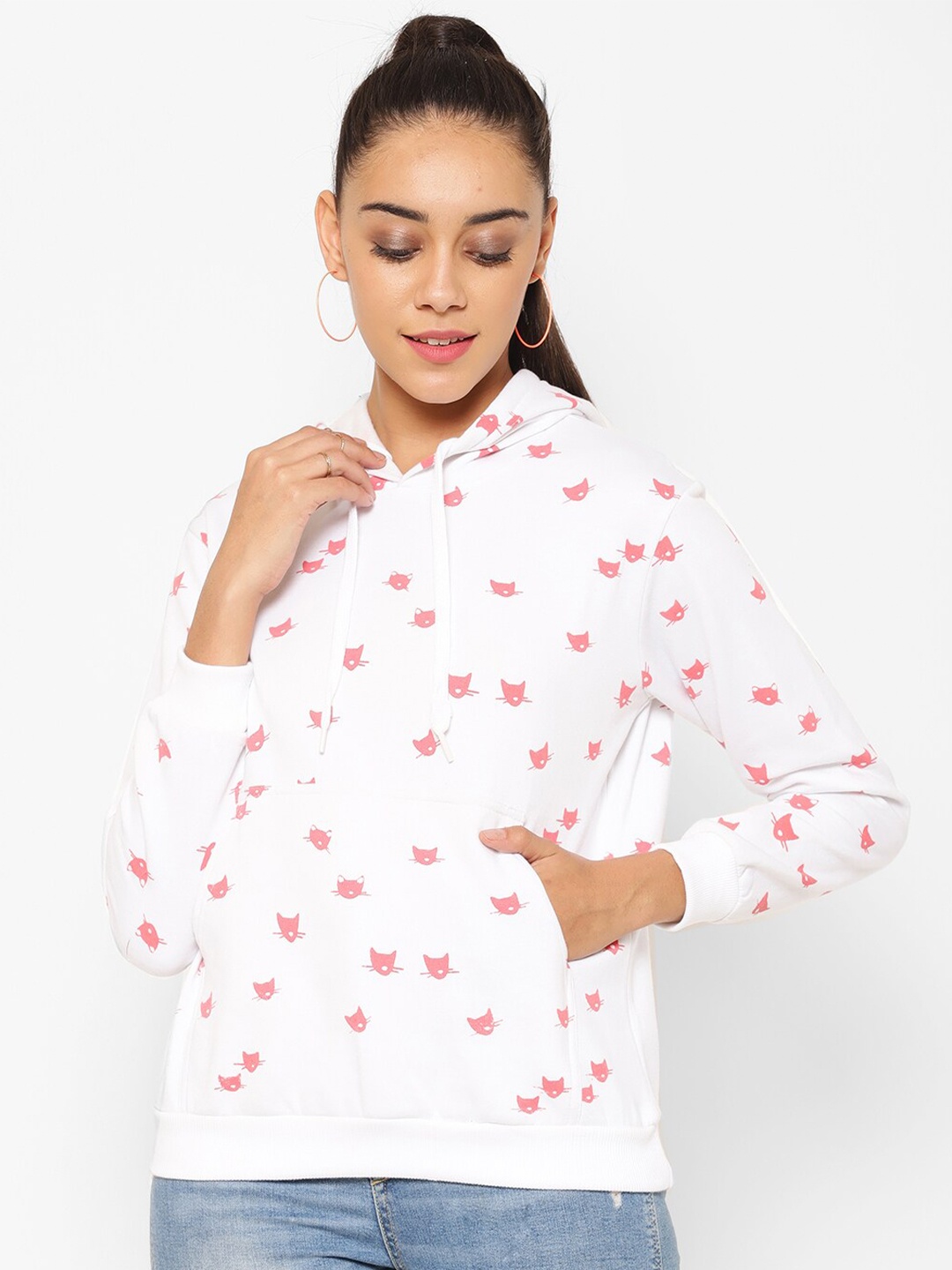 

Popster Women Off White Printed Hooded Sweatshirt