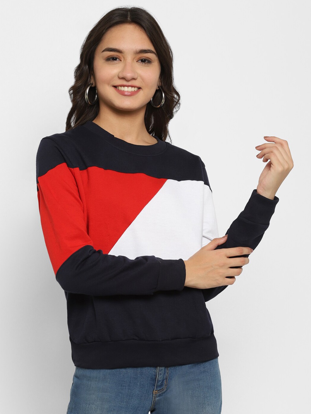 

Popster Women Navy Blue Colourblocked Cotton Sweatshirt