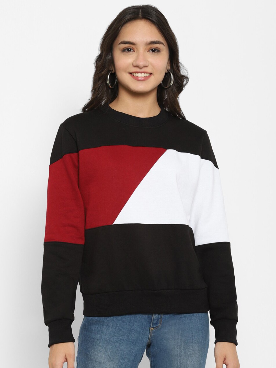 

Popster Women Black Colourblocked Cotton Sweatshirt