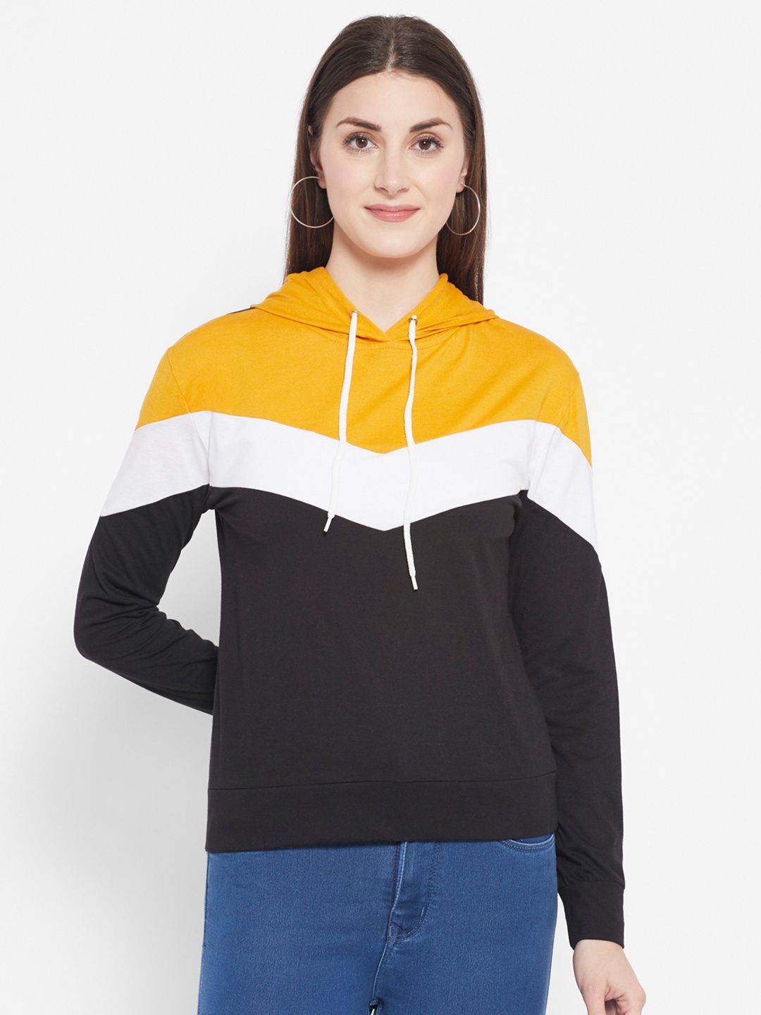 

Popster Women Yellow Colourblocked Hooded Sweatshirt