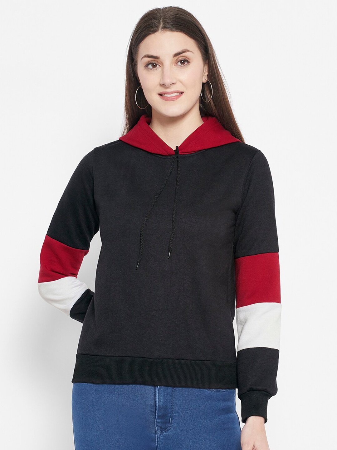 

Popster Women Black Colourblocked Hooded Sweatshirt