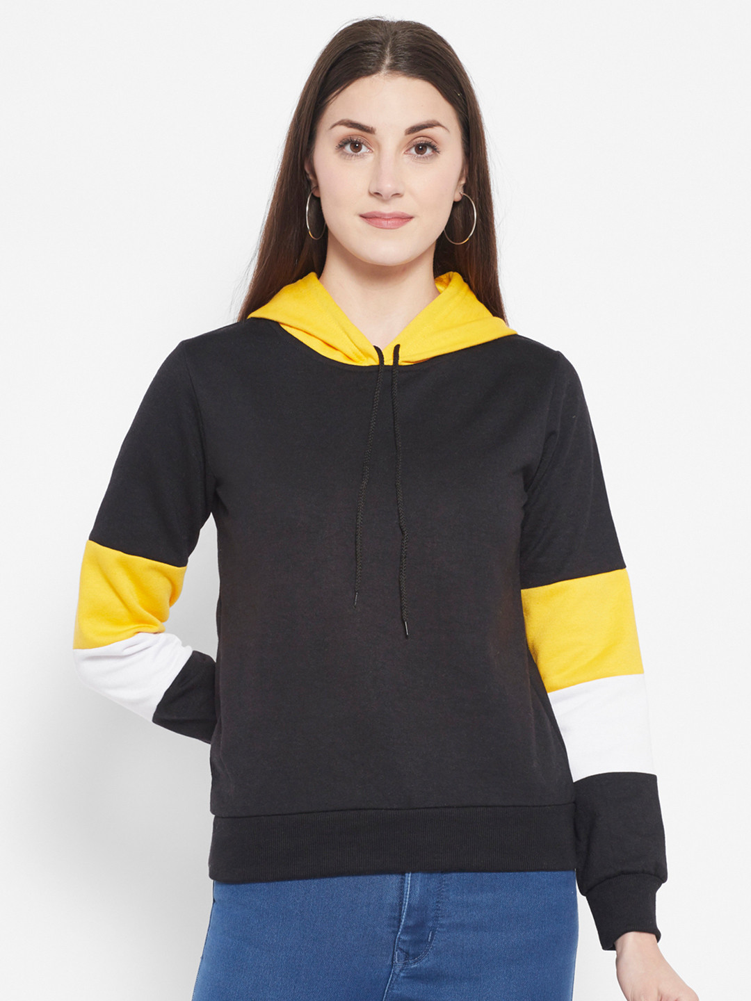 

Popster Women Black Colourblocked Hooded Sweatshirt