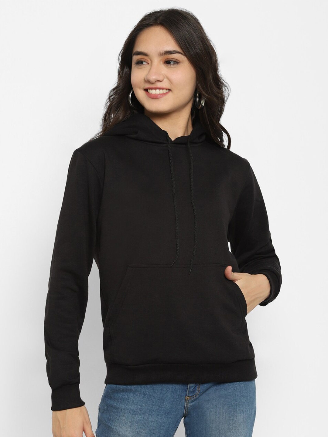 

Popster Women Black Solid Hooded Sweatshirt