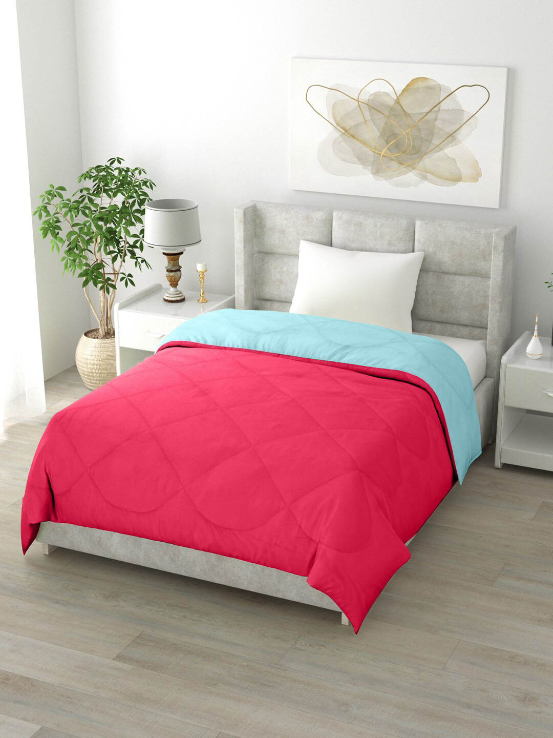 

Clasiko Pink & Turquoise Blue Solid Mild Winter 200 GSM Reversible Single Bed Comforter