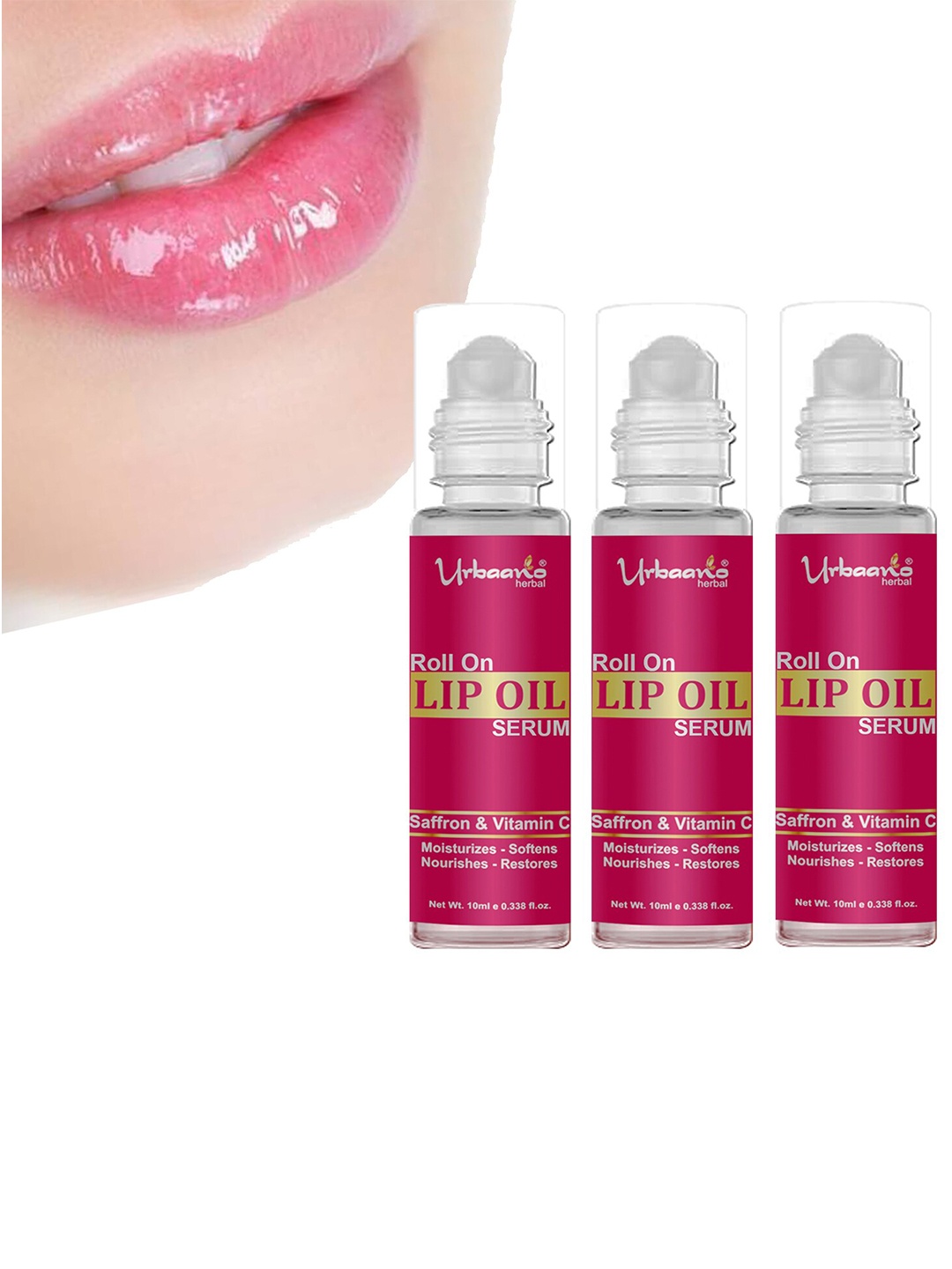 

Urbaano Herbal Set Of 3 Saffron & Vitamin C Roll On Lip Oil Serum 30ml, Nude